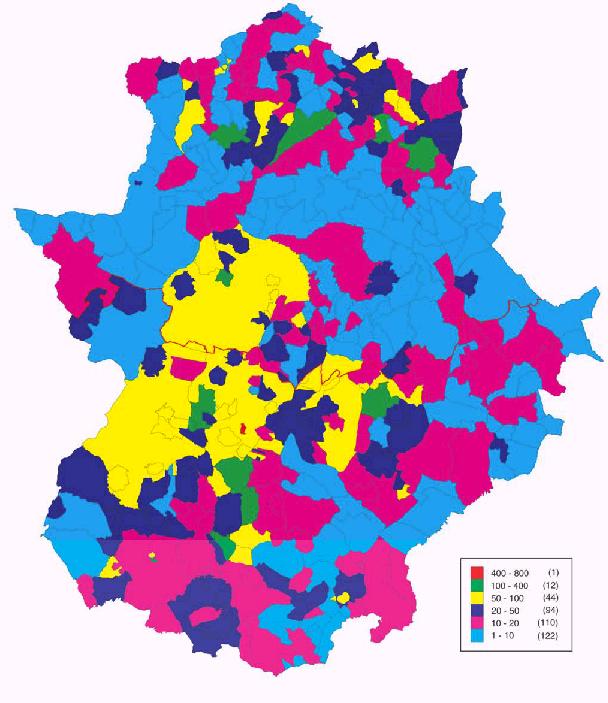 Densidad de la poblacin en Extremadura 2004