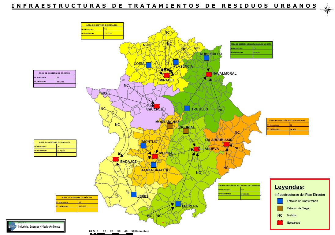 Mapa de infraestructuras de tratamiento de RSU en Extremadura