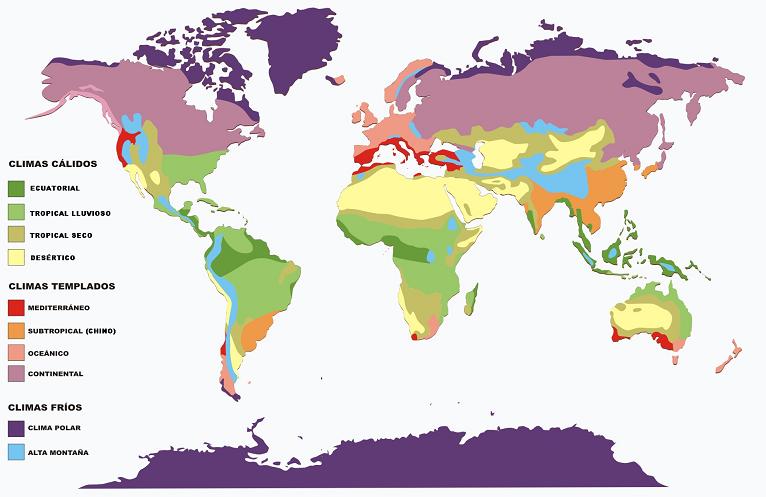 Mapa de los climas del mundo, selecciona un clima de la leyenda para ver sus caractersticas en la ventana inferior.